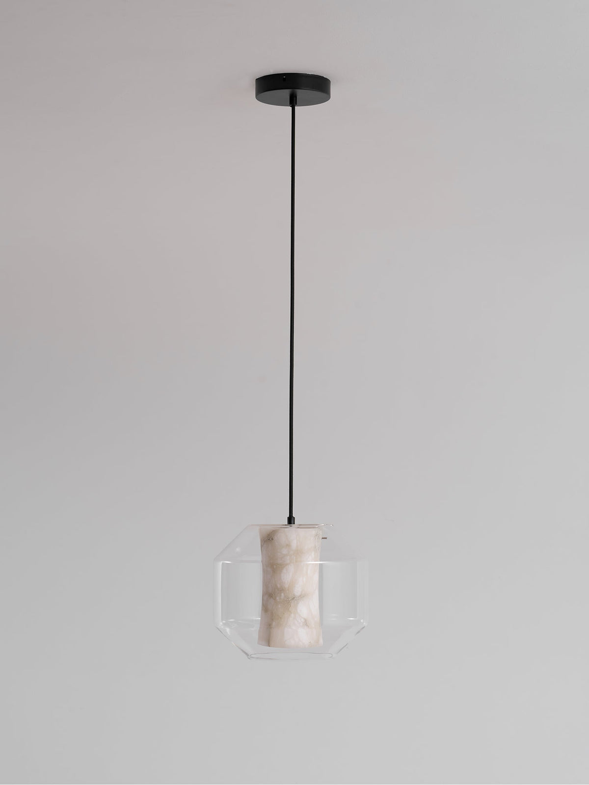 Hand-Carved Alabaster Cylinder Pendant Light in Glass Shell