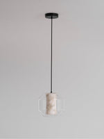 Hand-Carved Alabaster Cylinder Pendant Light in Glass Shell