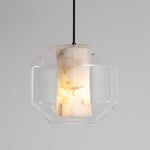 Hand-Carved Alabaster Cylinder Pendant Light in Glass Shell