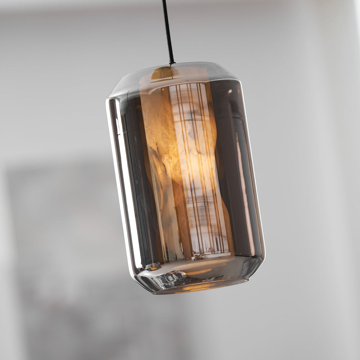 Hand-Carved Alabaster Cylinder Pendant Light in Glass Shell