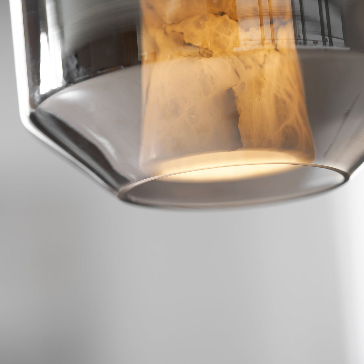 Hand-Carved Alabaster Cylinder Pendant Light in Glass Shell