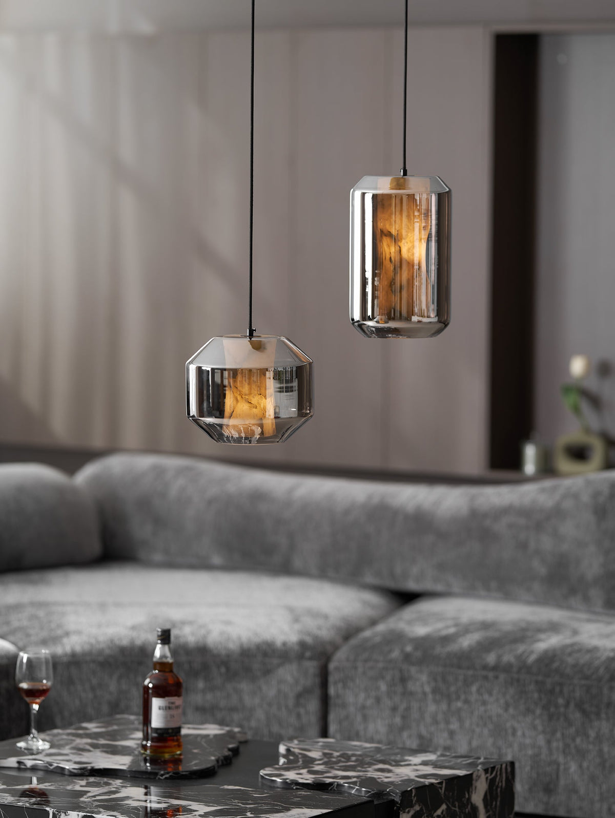 Hand-Carved Alabaster Cylinder Pendant Light in Glass Shell