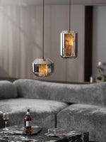 Hand-Carved Alabaster Cylinder Pendant Light in Glass Shell