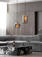 Hand-Carved Alabaster Cylinder Pendant Light in Glass Shell