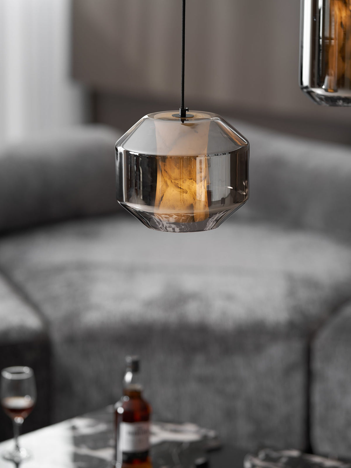 Hand-Carved Alabaster Cylinder Pendant Light in Glass Shell