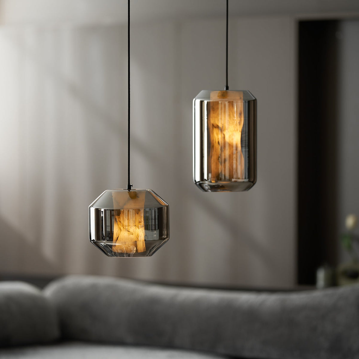Hand-Carved Alabaster Cylinder Pendant Light in Glass Shell