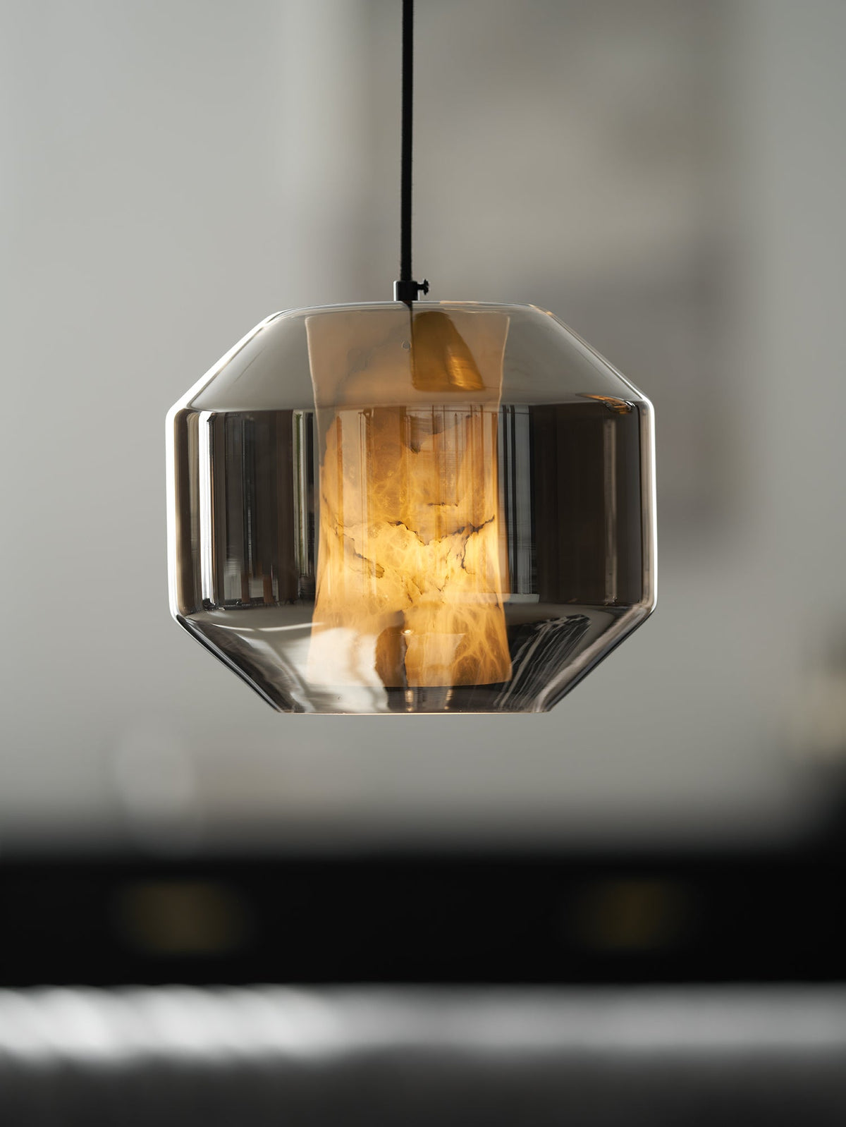 Hand-Carved Alabaster Cylinder Pendant Light in Glass Shell