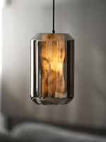 Hand-Carved Alabaster Cylinder Pendant Light in Glass Shell