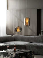 Hand-Carved Alabaster Cylinder Pendant Light in Glass Shell