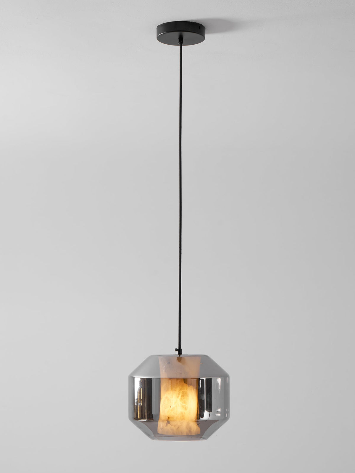 Hand-Carved Alabaster Cylinder Pendant Light in Glass Shell