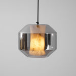 Hand-Carved Alabaster Cylinder Pendant Light in Glass Shell