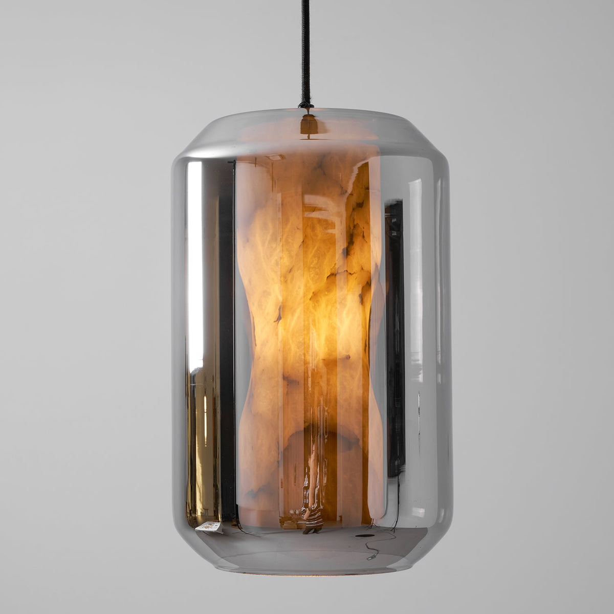 Hand-Carved Alabaster Cylinder Pendant Light in Glass Shell