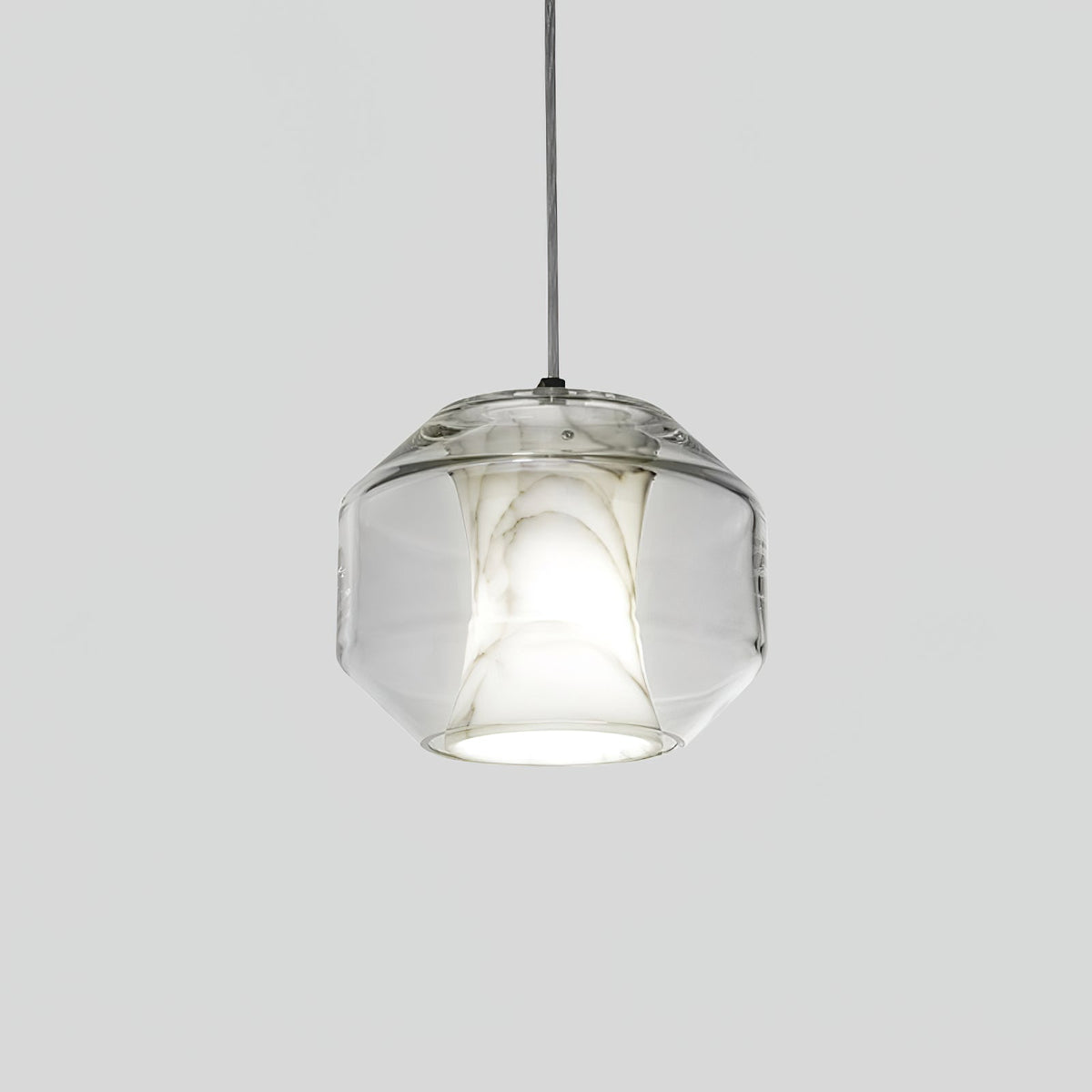 Hand-Carved Alabaster Cylinder Pendant Light in Glass Shell