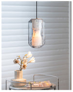 Hand-Carved Alabaster Cylinder Pendant Light in Glass Shell