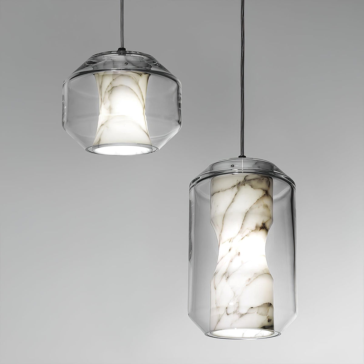 Hand-Carved Alabaster Cylinder Pendant Light in Glass Shell