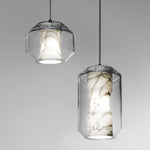 Hand-Carved Alabaster Cylinder Pendant Light in Glass Shell
