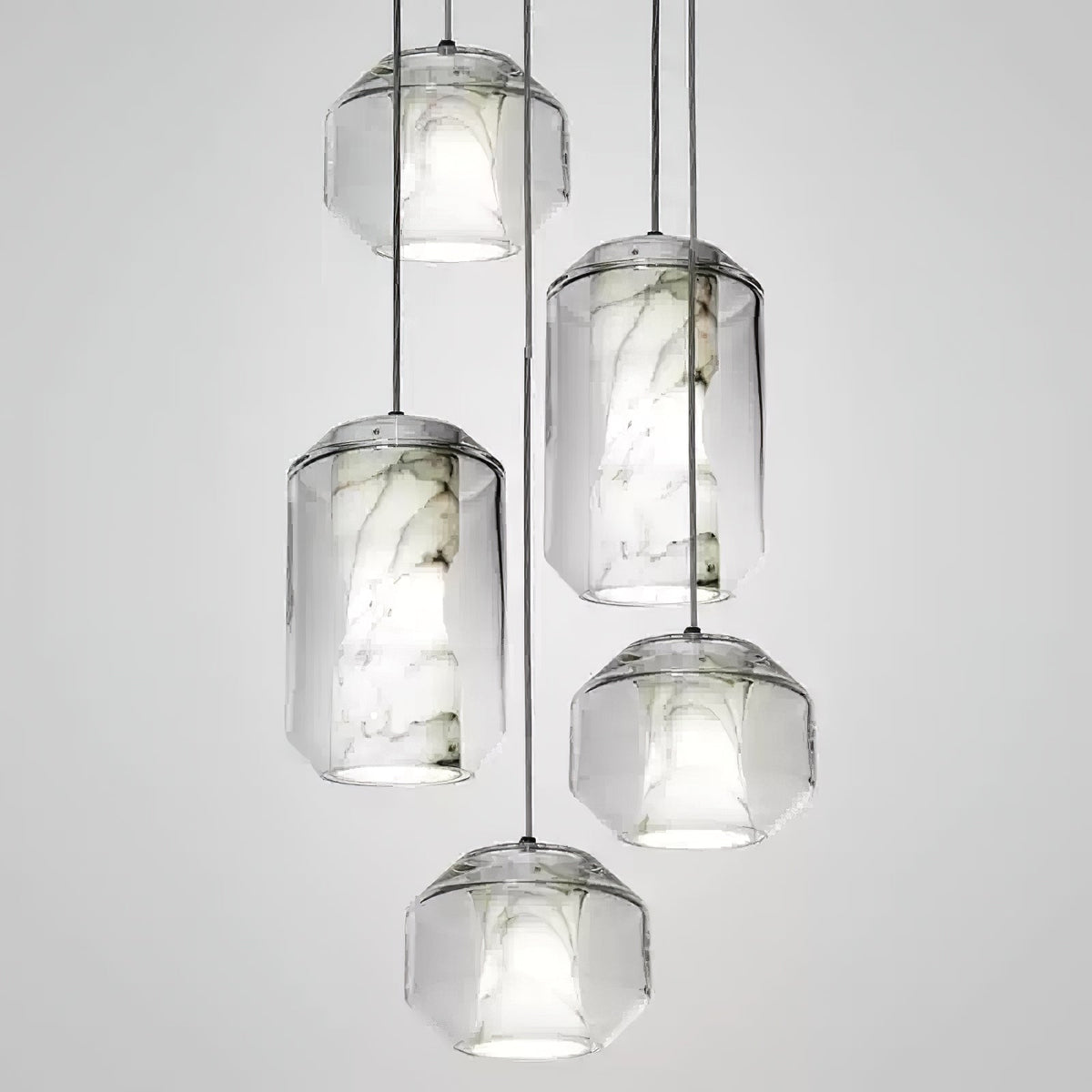 Hand-Carved Alabaster Cylinder Pendant Light in Glass Shell