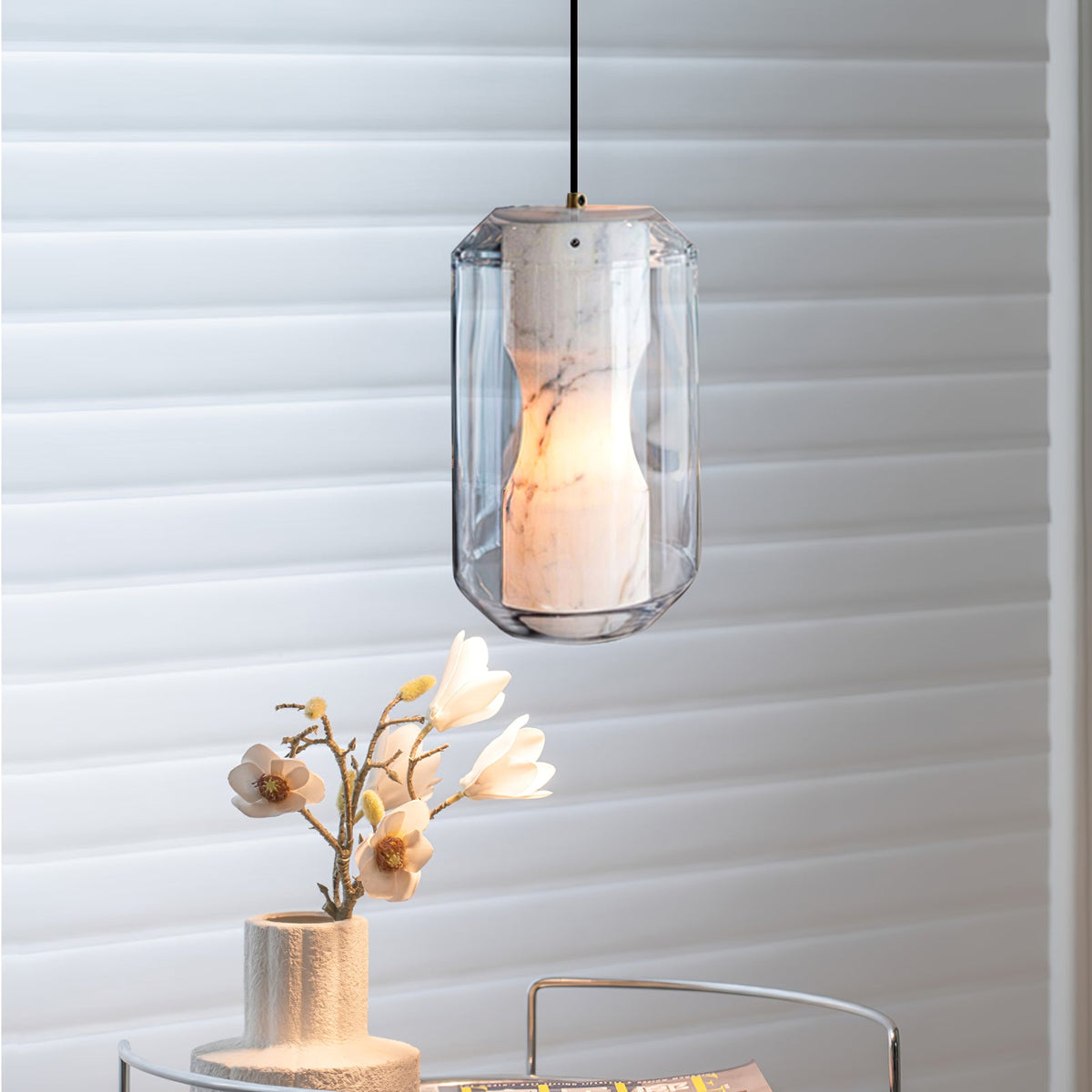 Hand-Carved Alabaster Cylinder Pendant Light in Glass Shell