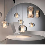 Hand-Carved Alabaster Cylinder Pendant Light in Glass Shell