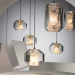 Hand-Carved Alabaster Cylinder Pendant Light in Glass Shell