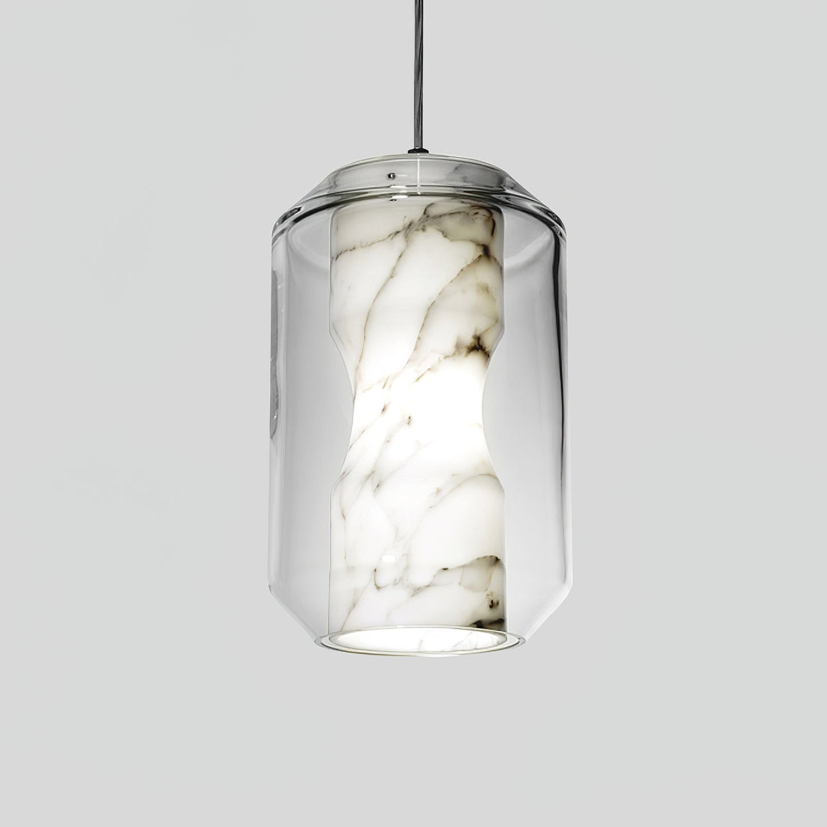 Hand-Carved Alabaster Cylinder Pendant Light in Glass Shell