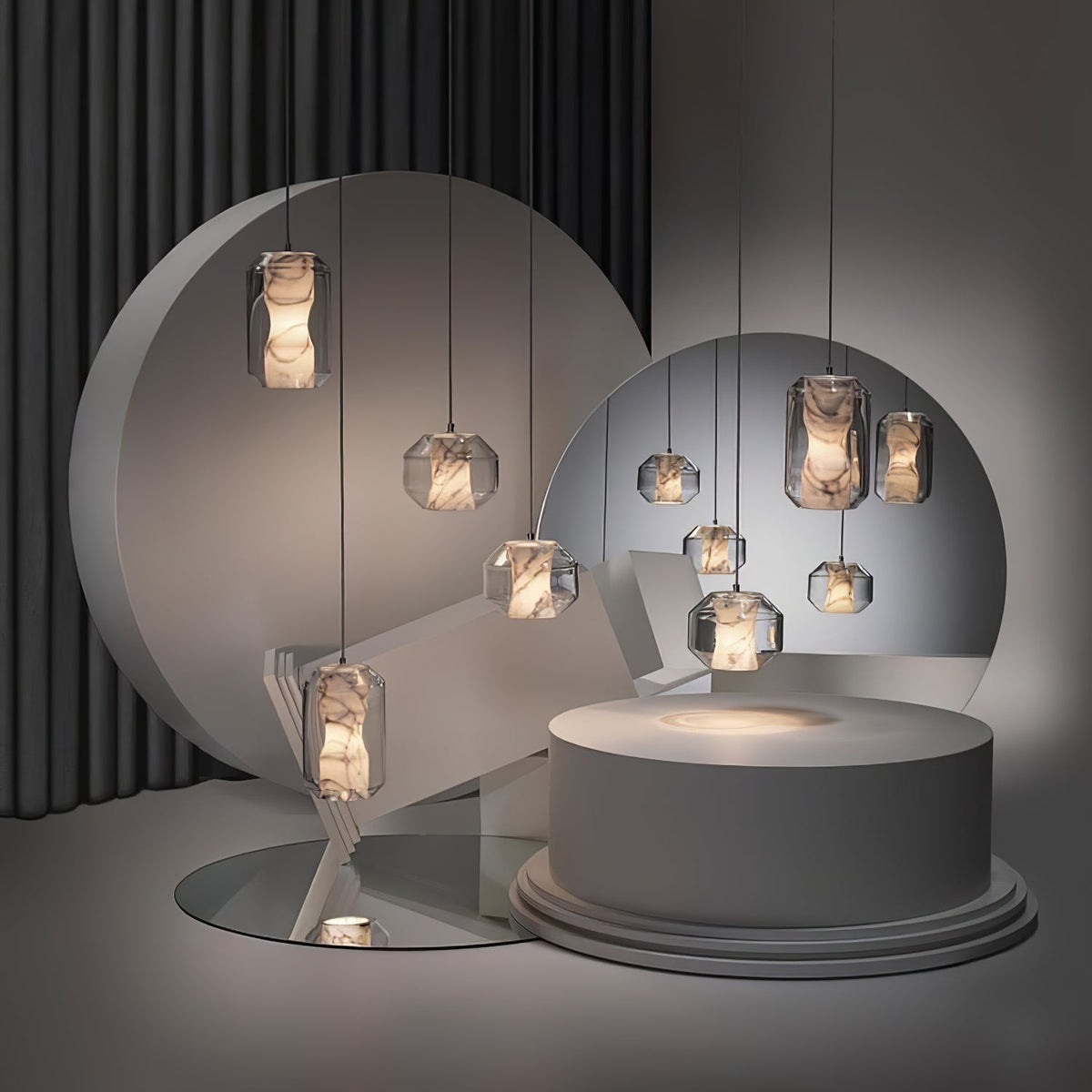 Hand-Carved Alabaster Cylinder Pendant Light in Glass Shell