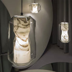 Hand-Carved Alabaster Cylinder Pendant Light in Glass Shell