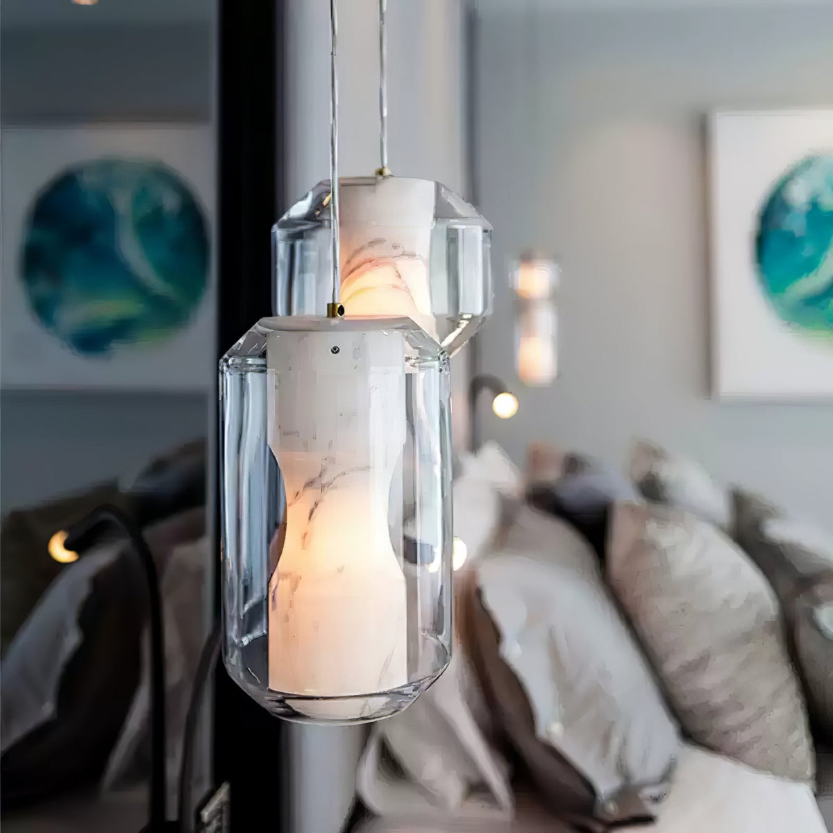 Hand-Carved Alabaster Cylinder Pendant Light in Glass Shell