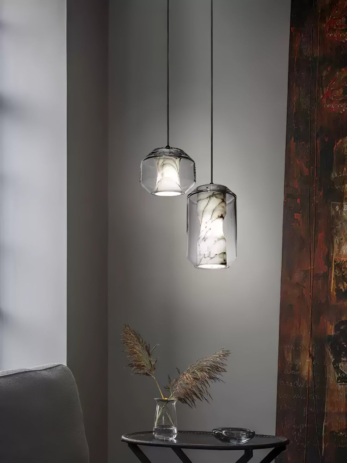 Hand-Carved Alabaster Cylinder Pendant Light in Glass Shell