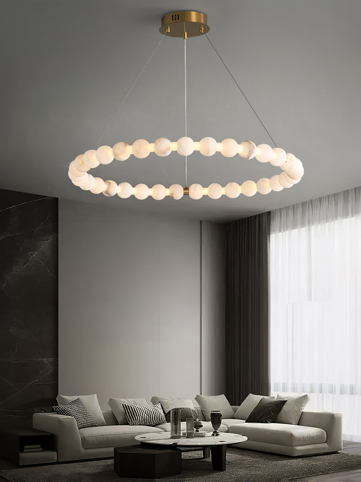 Alabaster Orb Ring Chandelier – Modern LED Halo Light for Dining Room