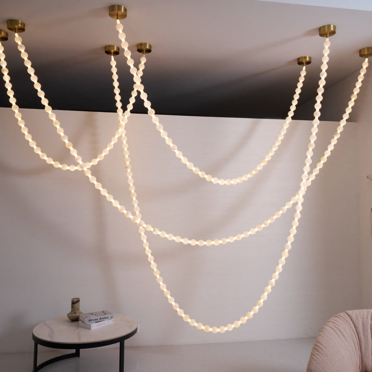 Alabaster Pearl Necklace Chandelier — Cascading Beaded LED Pendant Light