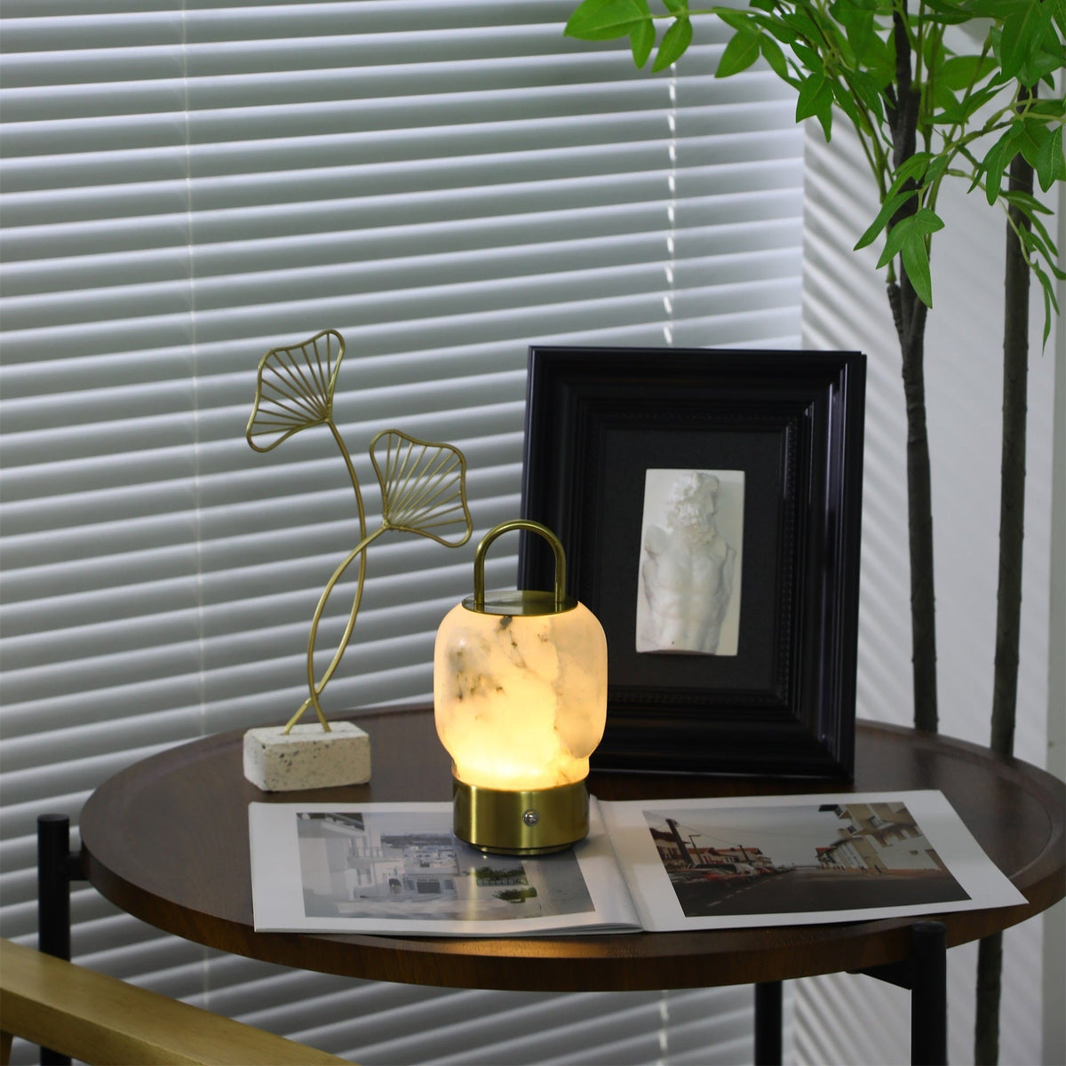Alabaster Portable Rechargeable Table Lamp with Gold Handle