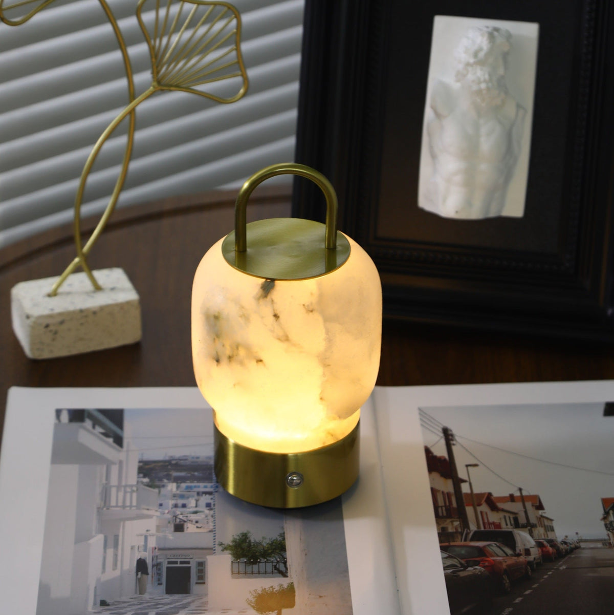 Alabaster Portable Rechargeable Table Lamp with Gold Handle