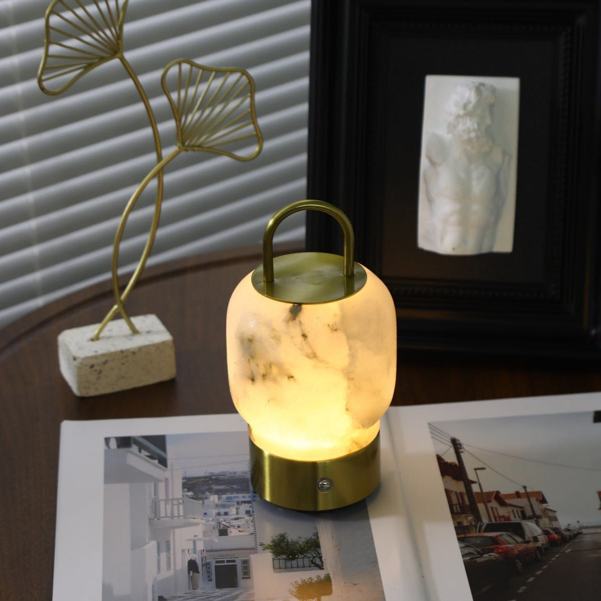 Alabaster Portable Rechargeable Table Lamp with Gold Handle