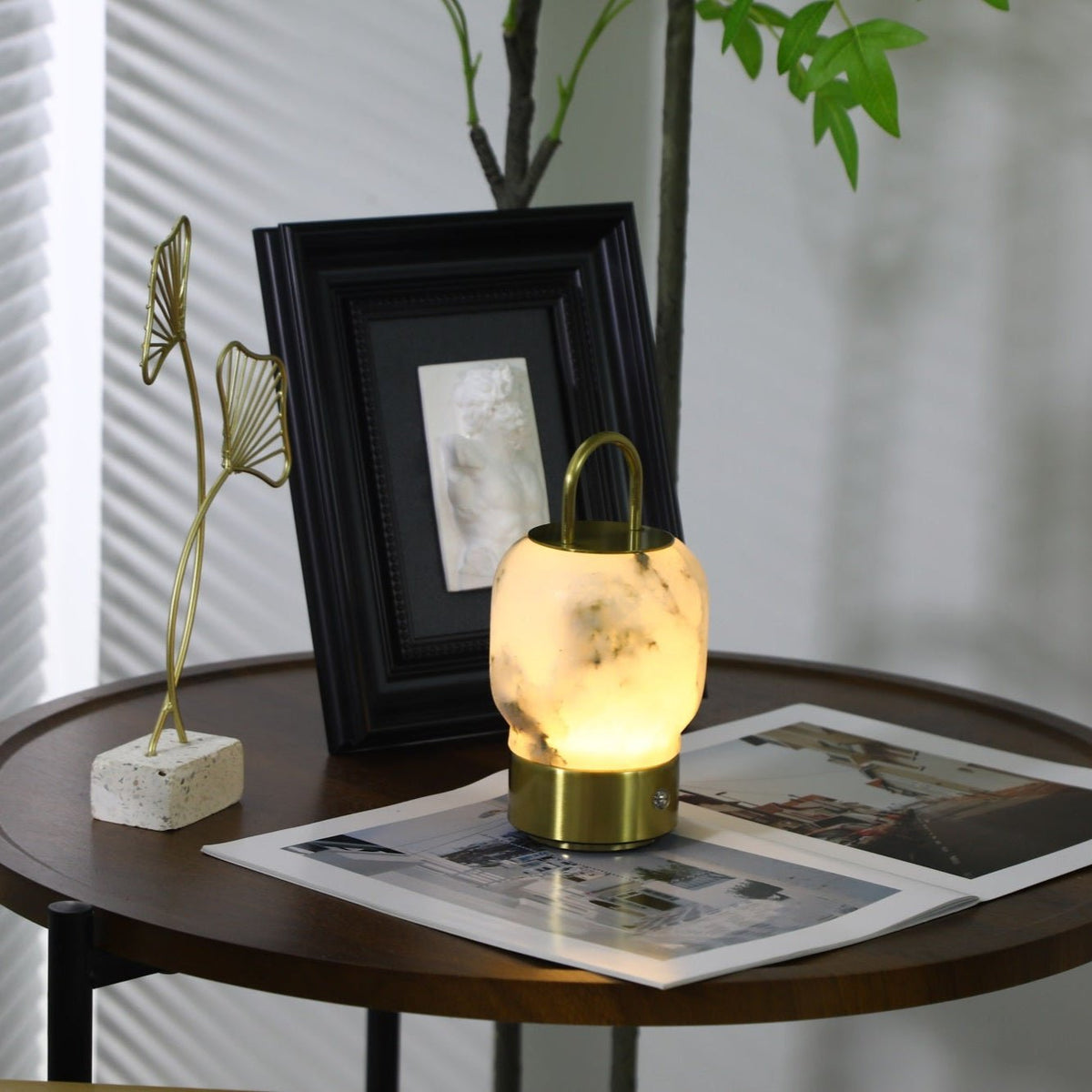Alabaster Portable Rechargeable Table Lamp with Gold Handle