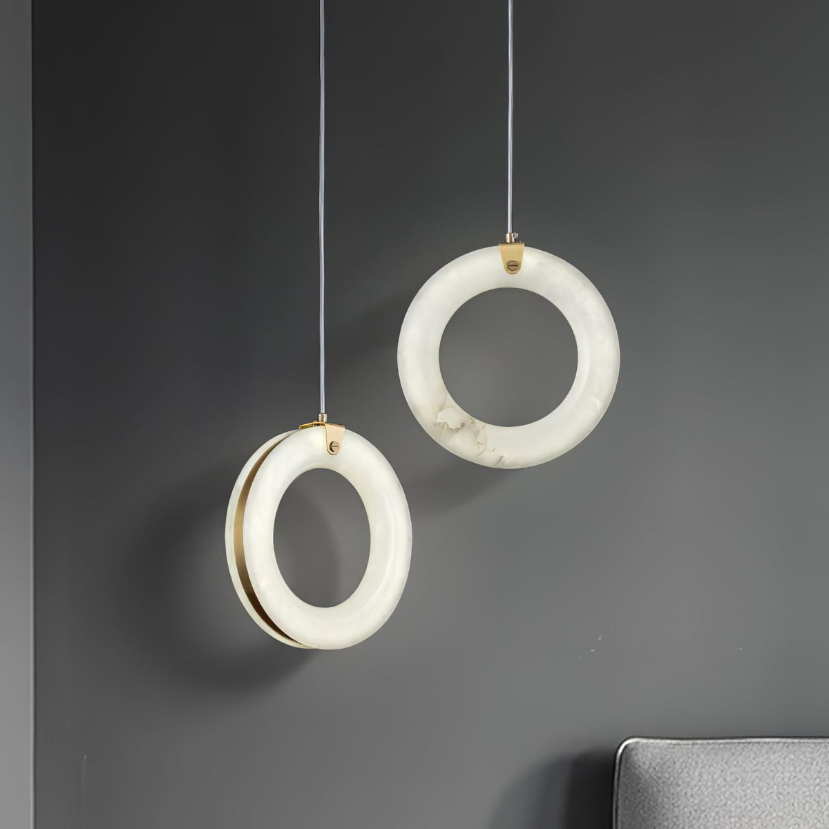 Alabaster Ring Pendant Light in Natural Stone with Brass Accents