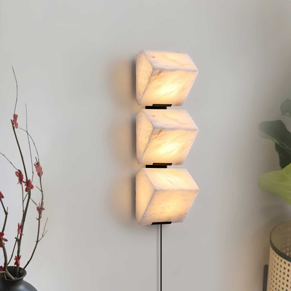 Alabaster Plug-In Wall Sconce with Integrated LED – Modern Staircase Lighting