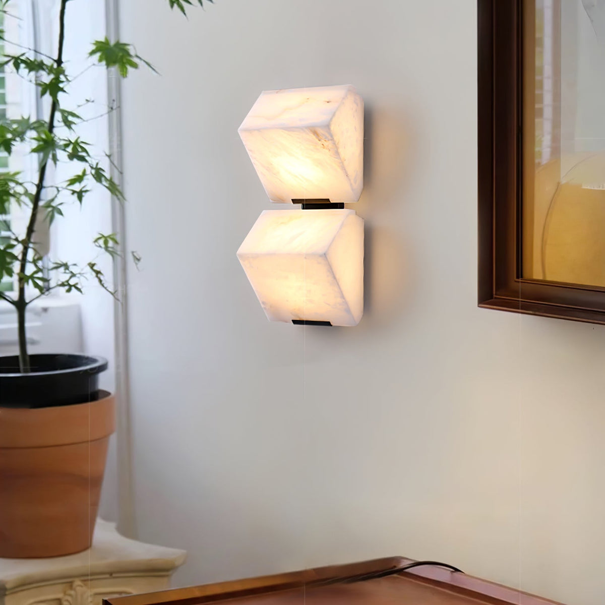 Alabaster Plug-In Wall Sconce with Integrated LED – Modern Staircase Lighting