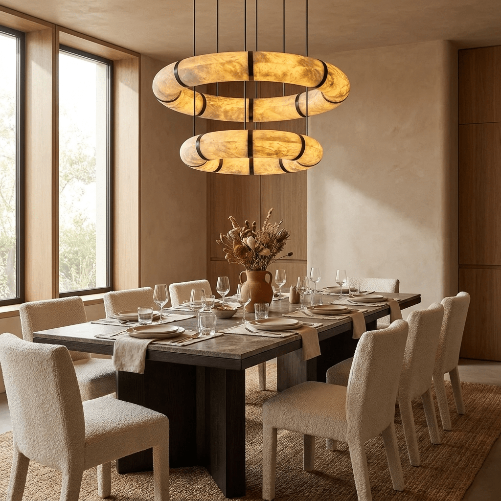 Alabaster Torus Double Ring Chandelier – Spanish Stone Halo Pendant Light
