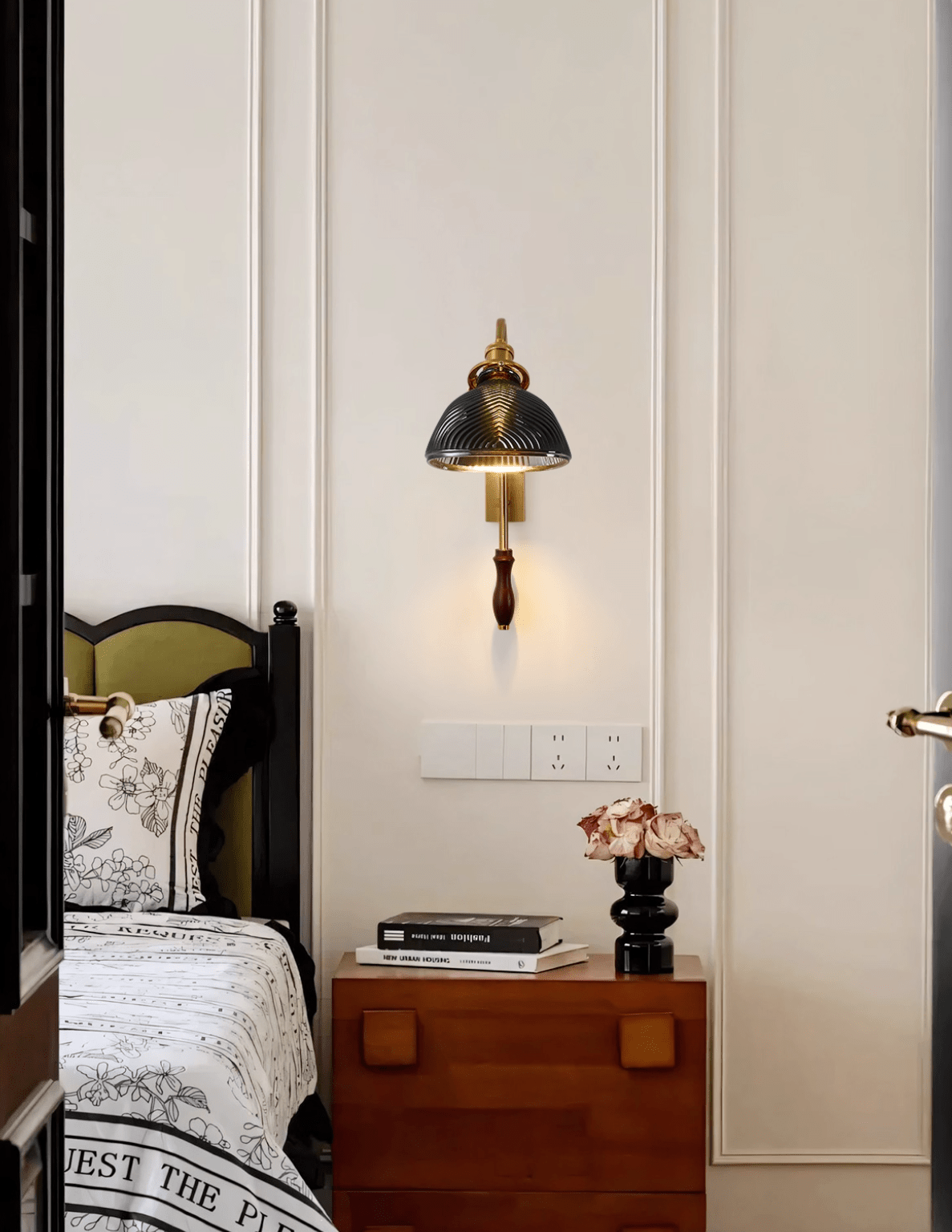 Alaric Fluted Glass Wall Sconce with Brass and Walnut Accents