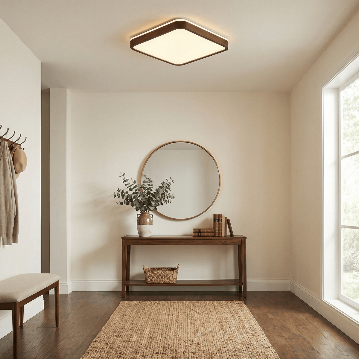 Alder Frame Wood LED Ceiling Light – Modern Flush Mount for Bedroom and Living Room