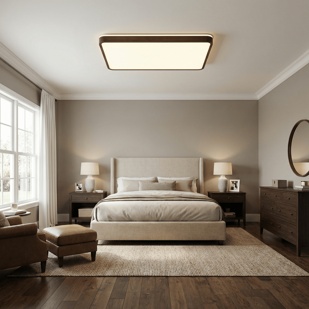 Alder Frame Wood LED Ceiling Light – Modern Flush Mount for Bedroom and Living Room