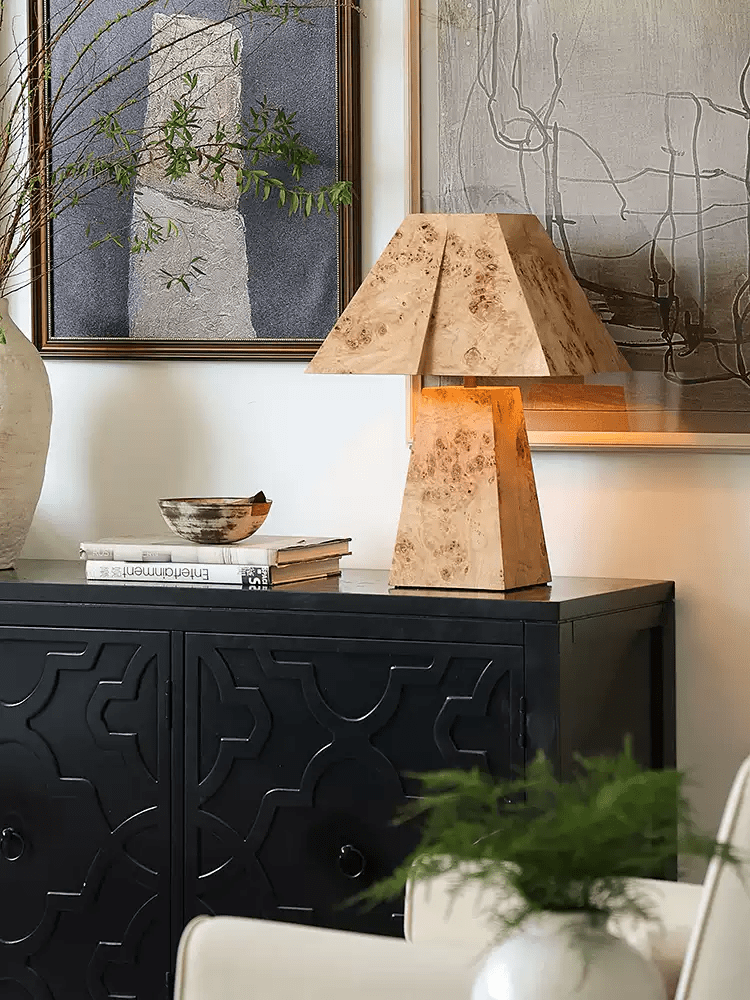 Alder Sculptural Burl Wood Table Lamp with Geometric Shade