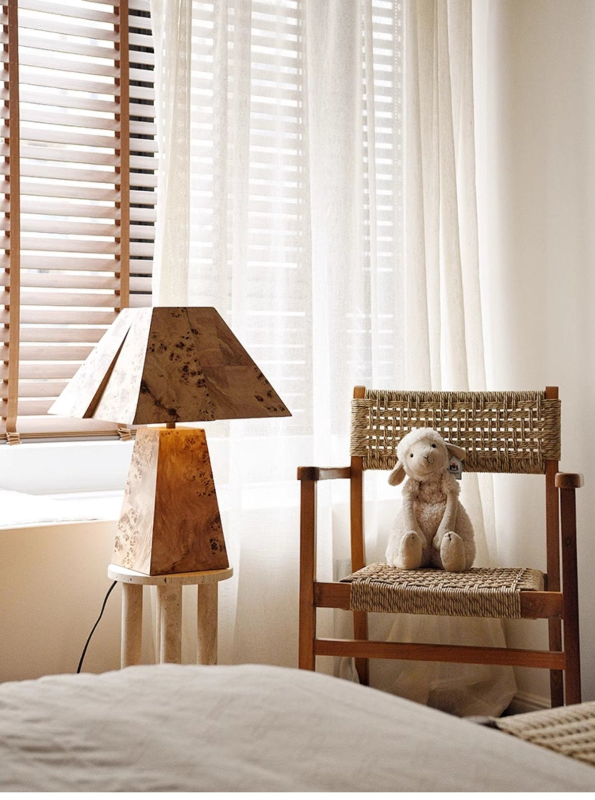 Alder Sculptural Burl Wood Table Lamp with Geometric Shade