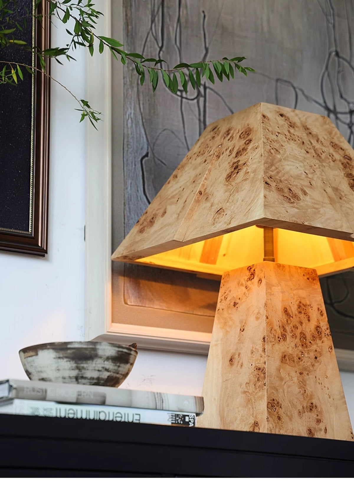 Alder Sculptural Burl Wood Table Lamp with Geometric Shade