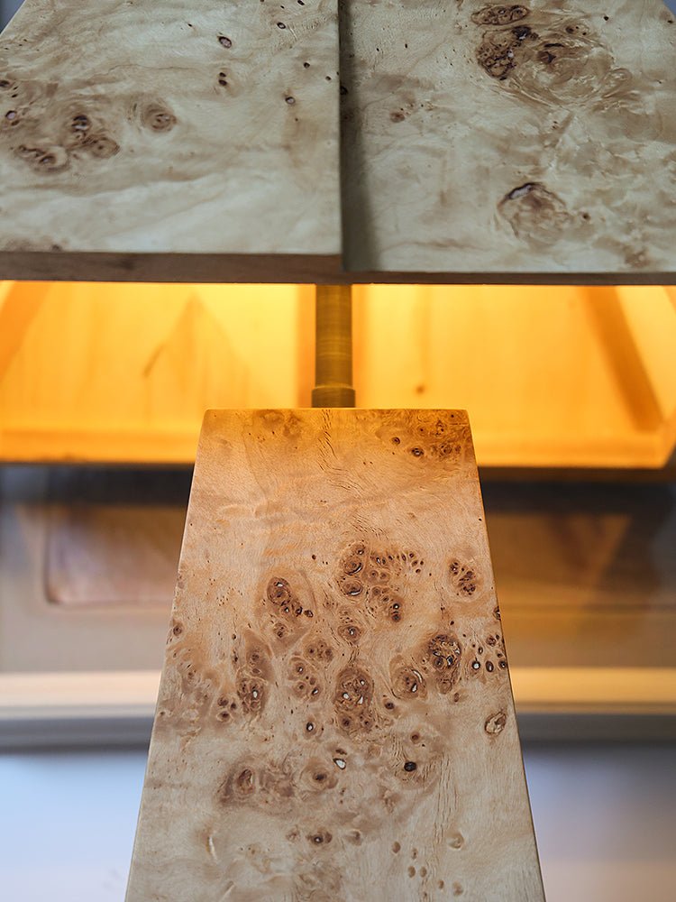 Alder Sculptural Burl Wood Table Lamp with Geometric Shade