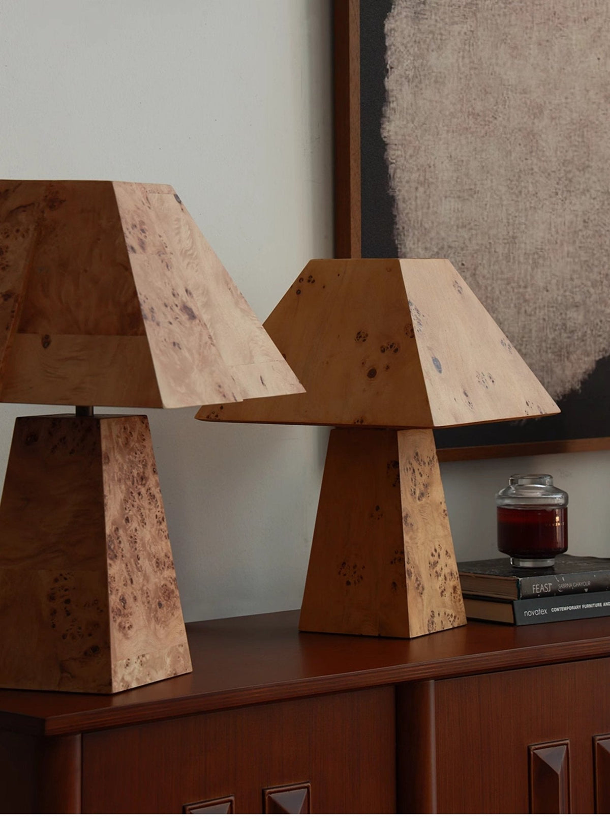 Alder Sculptural Burl Wood Table Lamp with Geometric Shade