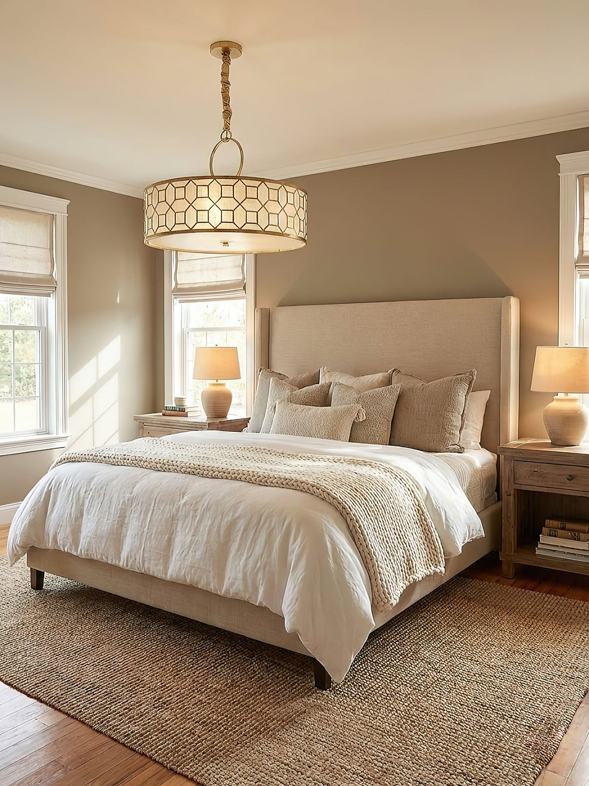 Allegretto Round Pendant Light in Burnished Gold Leaf with Linen Shade