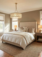 Allegretto Round Pendant Light in Burnished Gold Leaf with Linen Shade