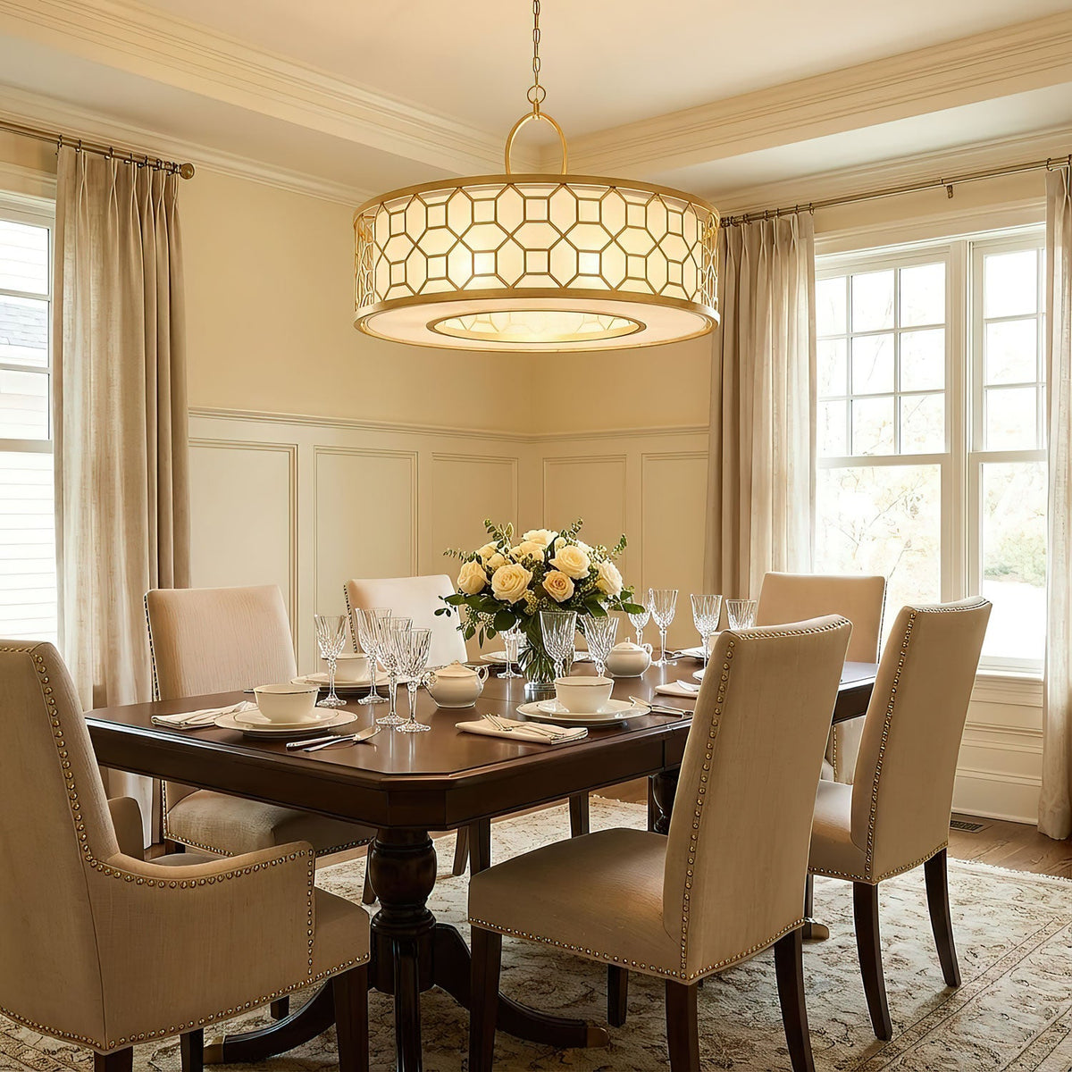 Allegretto Round Pendant Light in Burnished Gold Leaf with Linen Shade